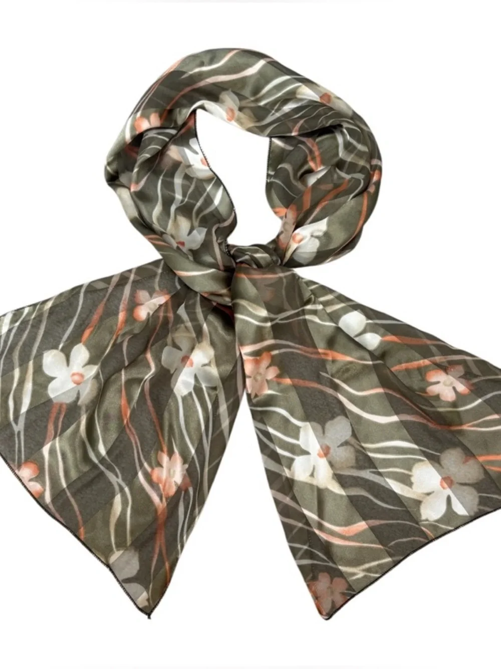 Vintage Silk Scarf Luxury Floral Botanical Print Green Gold Coral Orange Ivory